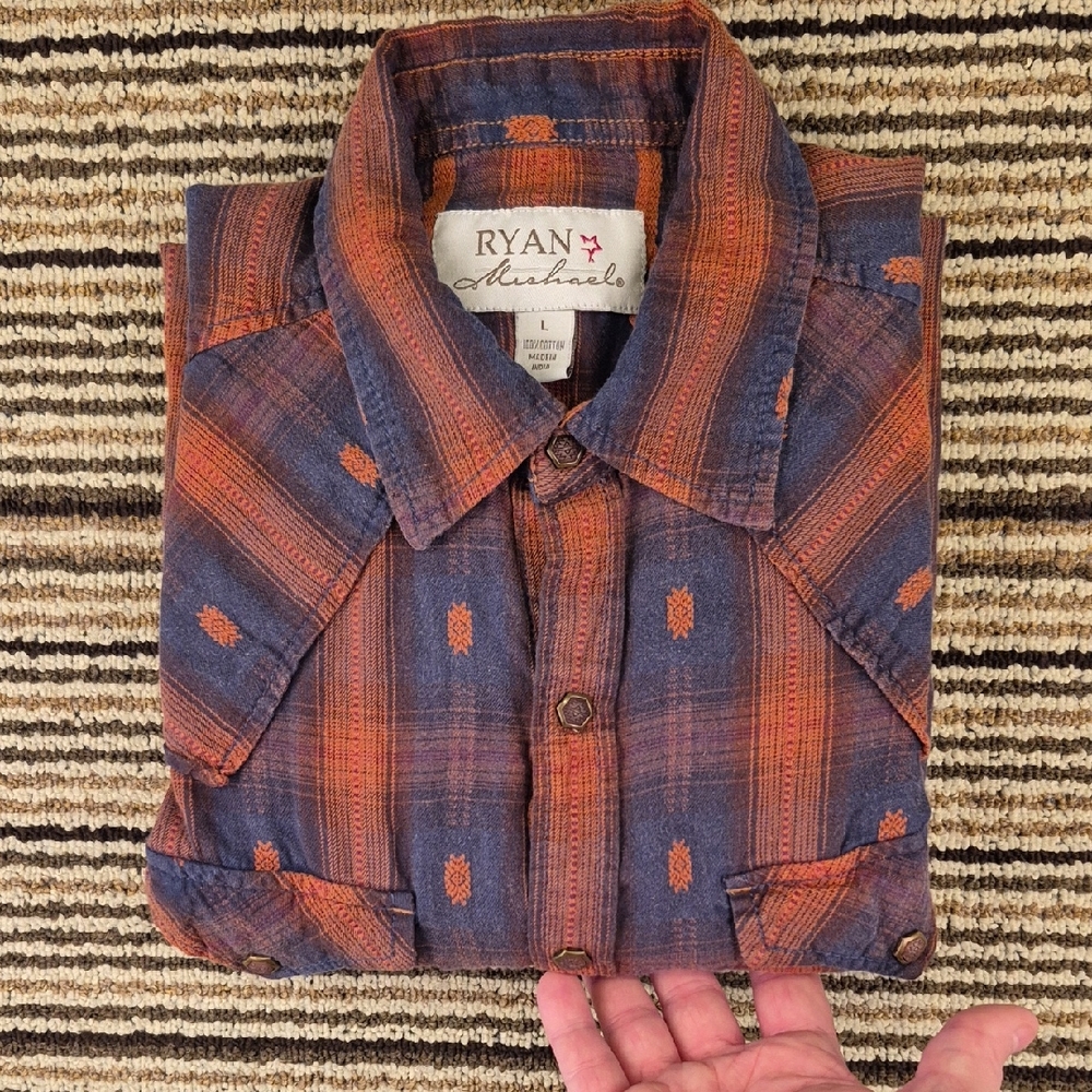RYAN MICHAEL Tan Grey Blue Plaid Aztec Snap Buttons Large Long Sleeve‎ Shirt